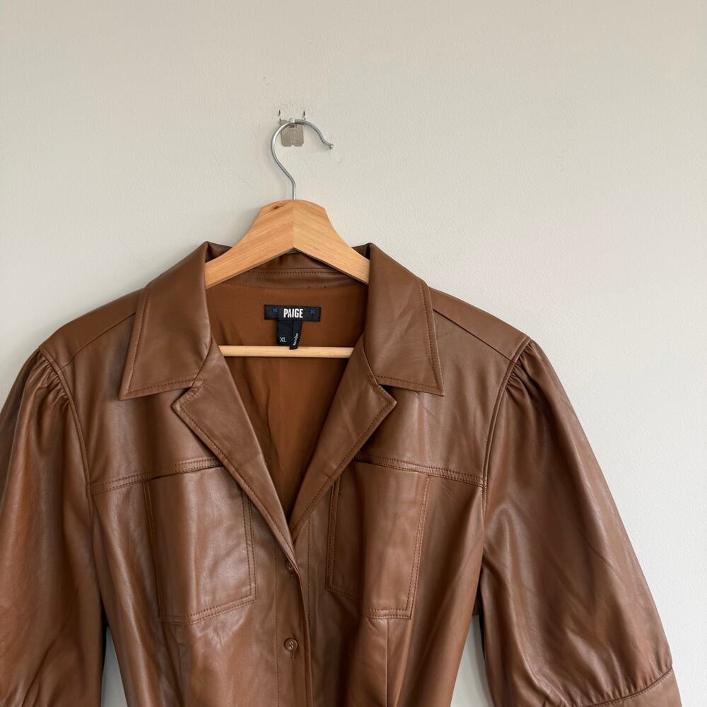 Paige Mayslie Faux Leather Button Front Belted Mini Dress Brown XL - Picture 3 of 11